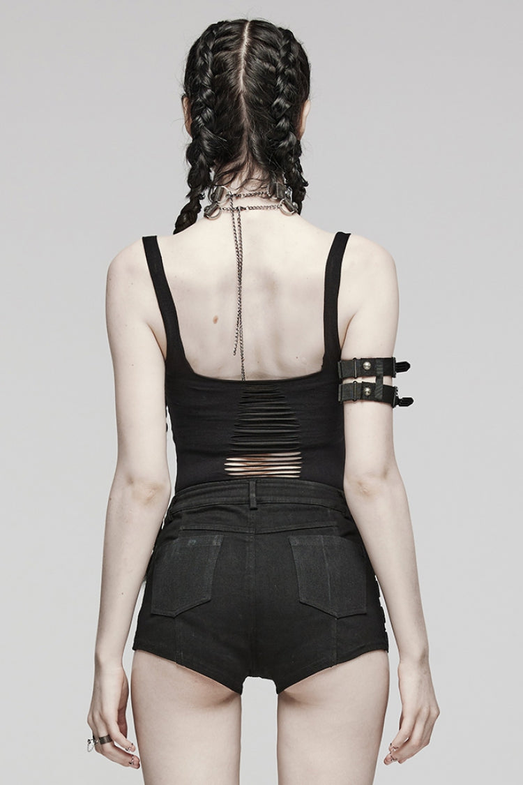 Black Sleeveless Ripped Spaghetti Straps Women's Punk Vest