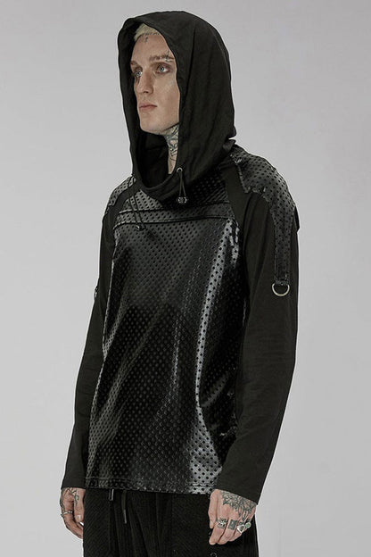 Black Punk Turtleneck Stretch Knit Panel Cutout Drawstring Hooded Men's T-Shirt