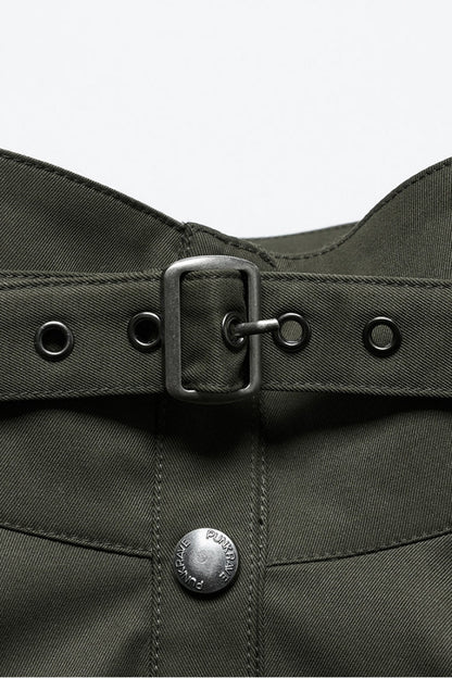 Green Stand Collar Long Sleeves Stitching Faux Leather Women's Gothic Military Jacket