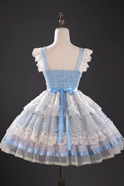 Blue [Moonstone] Sleeveless Ruffle Embroidery Bowknot Lace Fishbone Sweet Princess Lolita Dress
