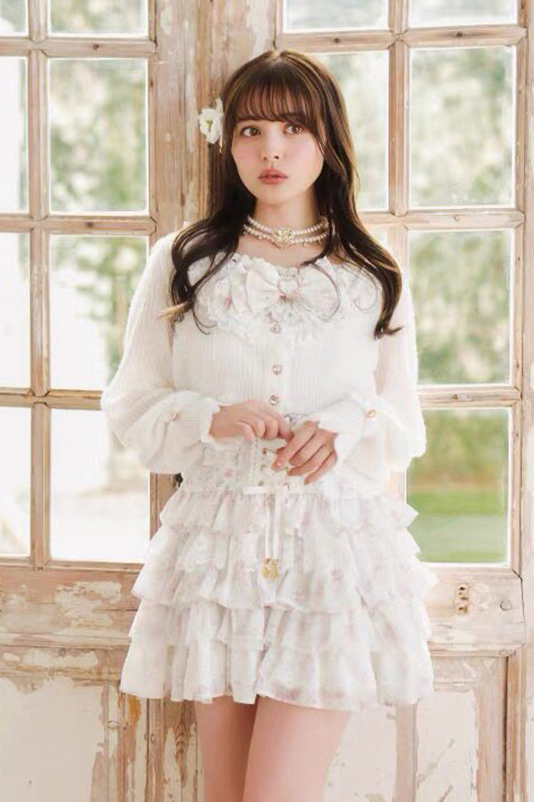 Jirai Kei Long Sleeves Multi-Layered Printed Ruffled Bow Sweet Dress 3 Colors