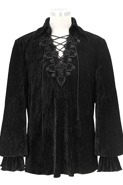 Black Velvet Elastic Lantern Sleeves Mens Gothic Blouse