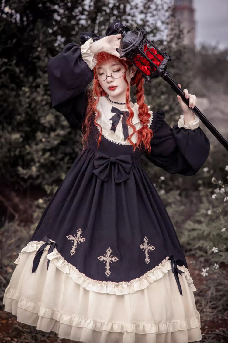 Black Retro Doll Collar Chest Bow Cross Embroidery Print Dark Girl Gothic Lolita OP Dress (Plus Size Version)