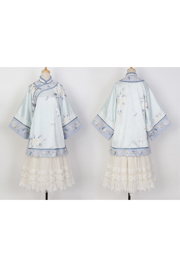 Blue [Flower Room] Stand Collar Long Sleeves High Waisted Printed Embroidered Women's Sweet Classic Hanfu Dress Set