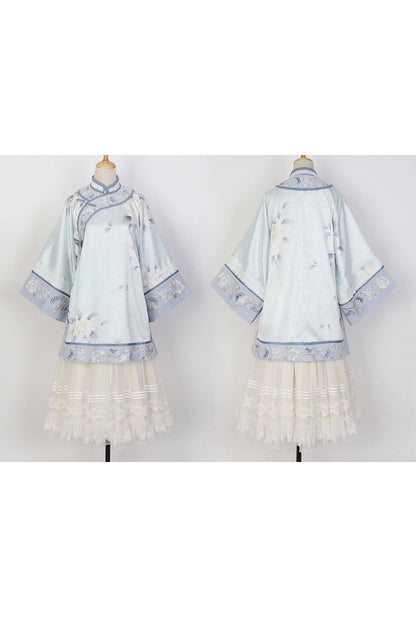 Blue [Flower Room] Stand Collar Long Sleeves High Waisted Printed Embroidered Women's Sweet Classic Hanfu Dress Set