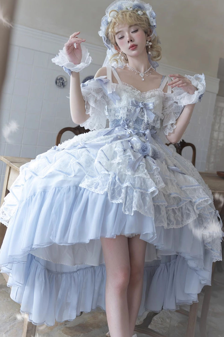 Blue [Diane Rose] Short Sleeves Multi-Layered Jacquard Ruffle Hanayome Cardigan Bowknot Lace Sweet Lolita Dress