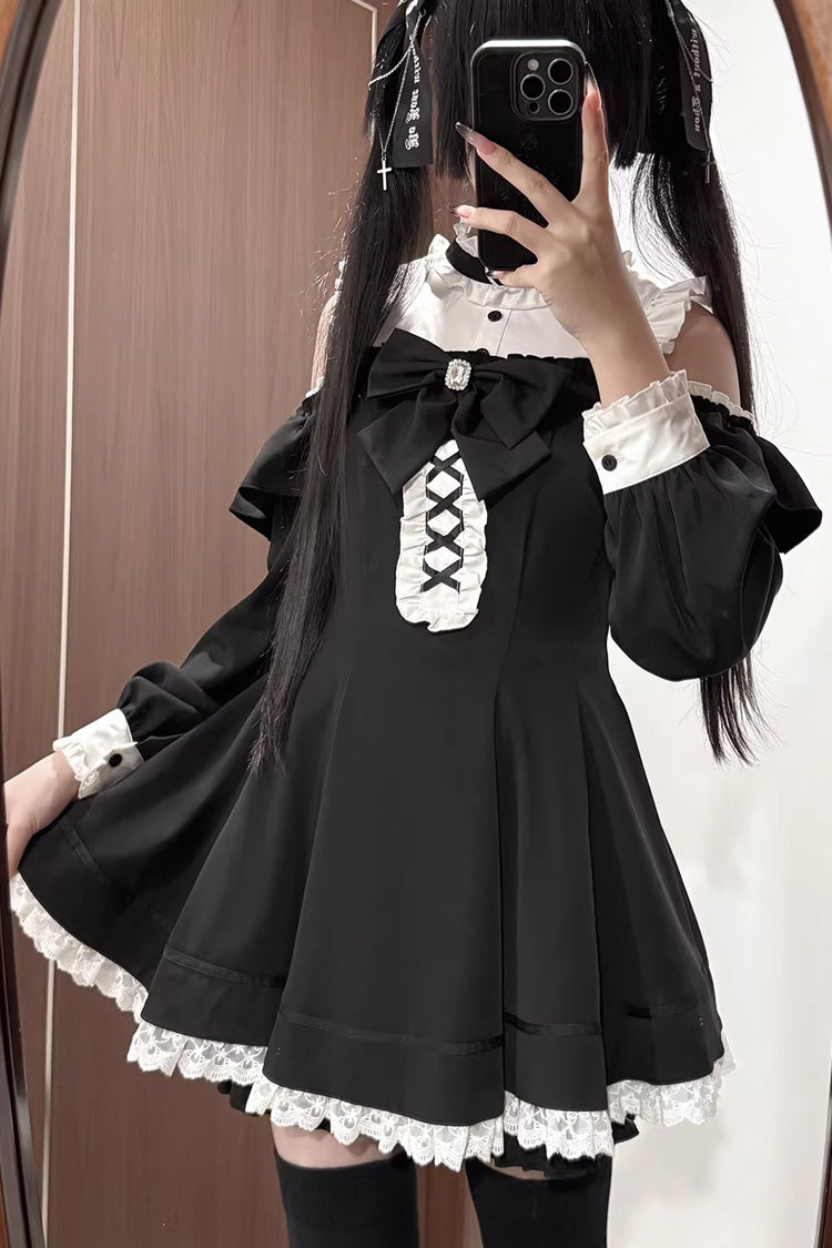 Black/White Off Shoulder Long Sleeves Ruffled Jirai Kei Japanese Dress Set