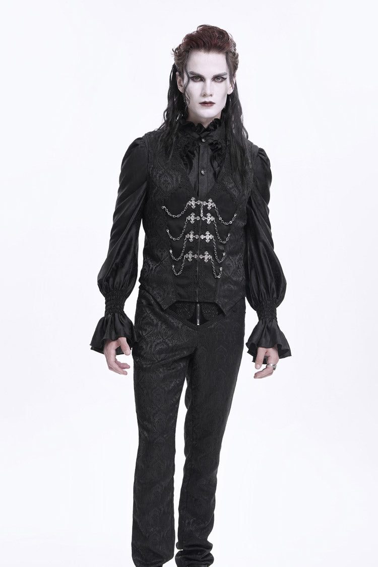 Black Sleeveless Jacquard Chain Buckle-up Men's Gothic Vest