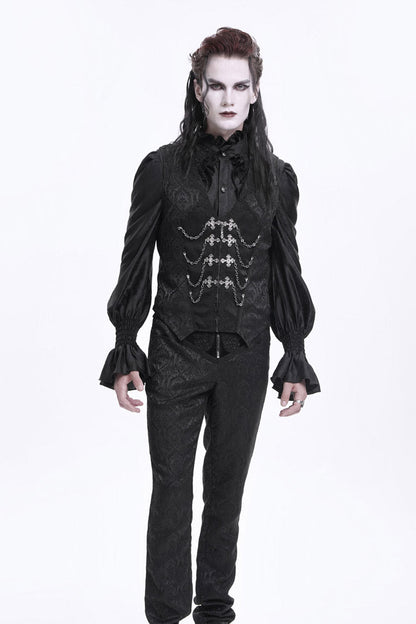 Black Sleeveless Jacquard Chain Buckle-up Men's Gothic Vest