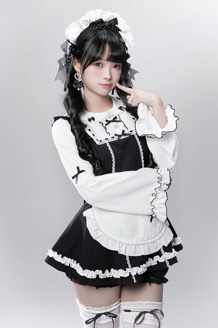 Black/White [Showcase Doll] Japanese Maid-Style Long Sleeves Ruffle Bowknot Jirai Kei Japanese Dress Shorts Set with Detachable Apron