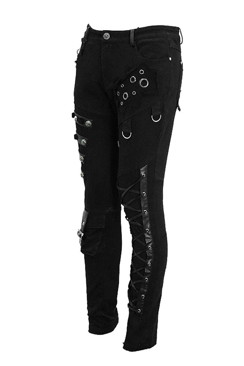 Black Punk Heavy Metal Lace Up With Loops Mens Pants