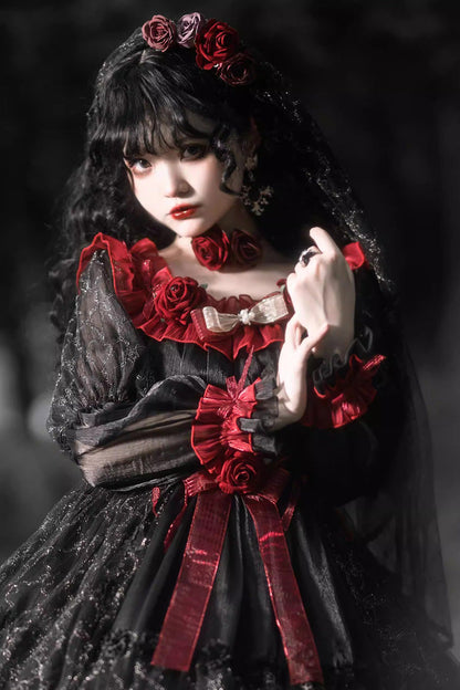 Black/Red [Perlia’s Night] Long Puff Sleeves Ruffled Open-Front Bow Lace Gothic Lolita Dress