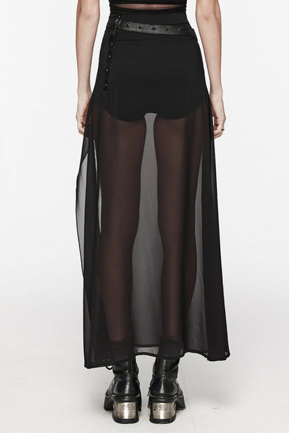 Black Rivet Split Women's Gothic Skirt with Belt