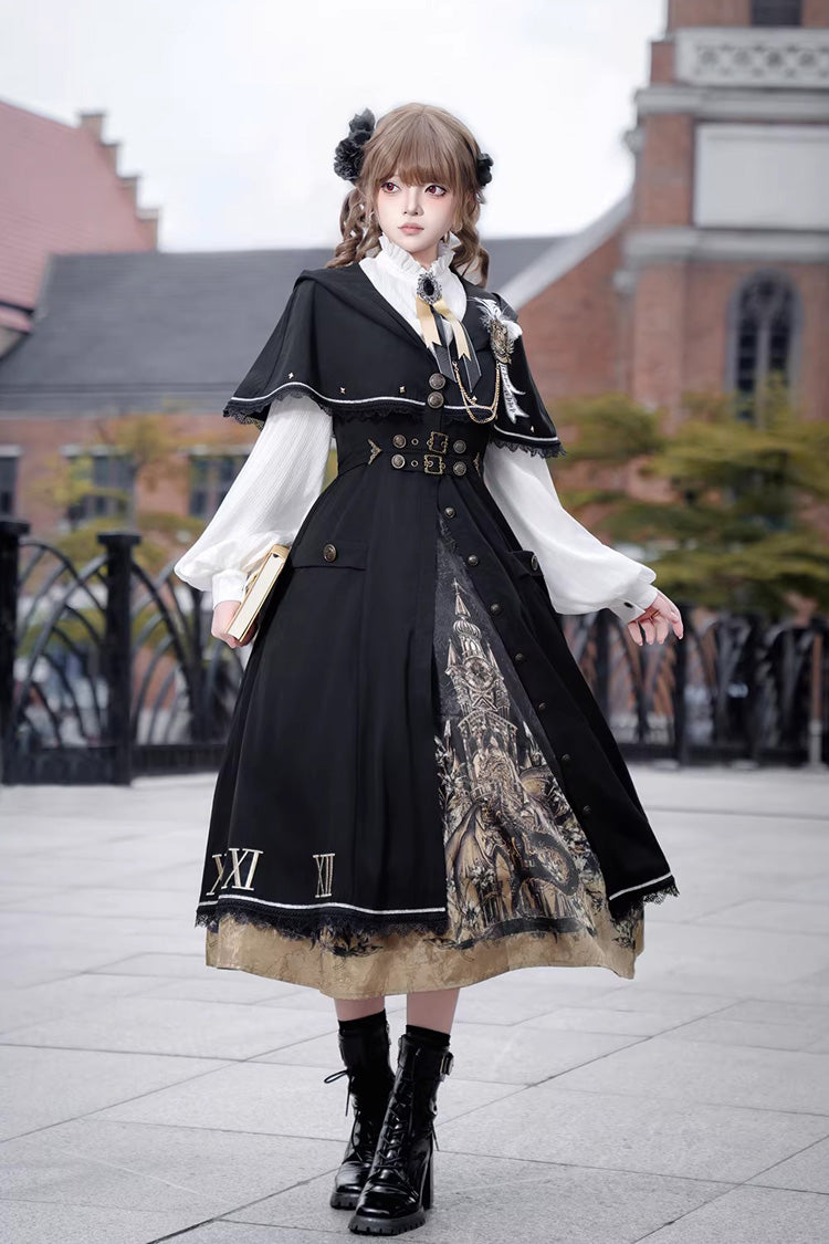 Black [Dragon’s Aria] Long Sleeves Printed Embroidered College Style Gothic Vintage Lolita Dress Three-Piece Set