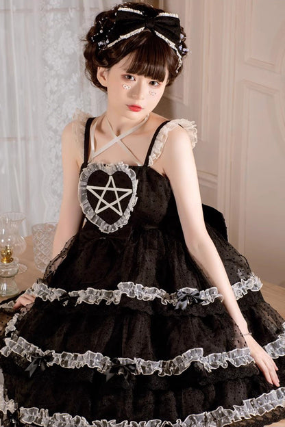 Black [Du Meisha's Star Wish] Sleeveless Triple-Layered Jacquard Ruffle Bowknot Sweet Gothic Lolita Jsk Dress