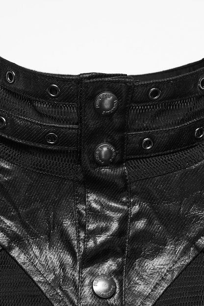 Black Stand Collar Long Sleeves Rivet Buckle Straps Eyelet Men's Punk Blouse