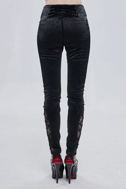 Black Textured Pattern Lace Decoration Metal Zipper Mid-High Waist Tie Women's Gothic Trousers