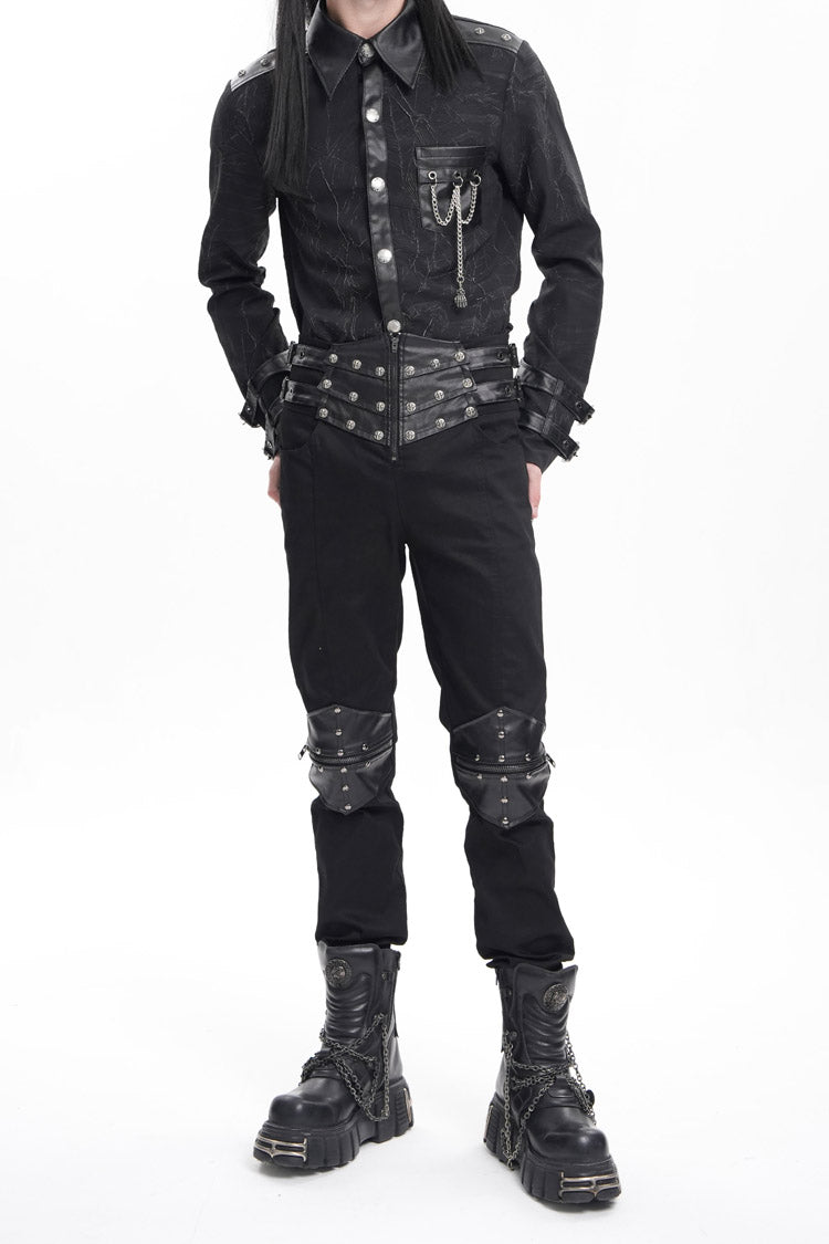 Black Stitching Buckle-up Studs Men's Gothic Pants