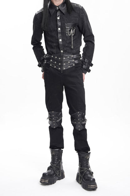 Black Stitching Buckle-up Studs Men's Gothic Pants