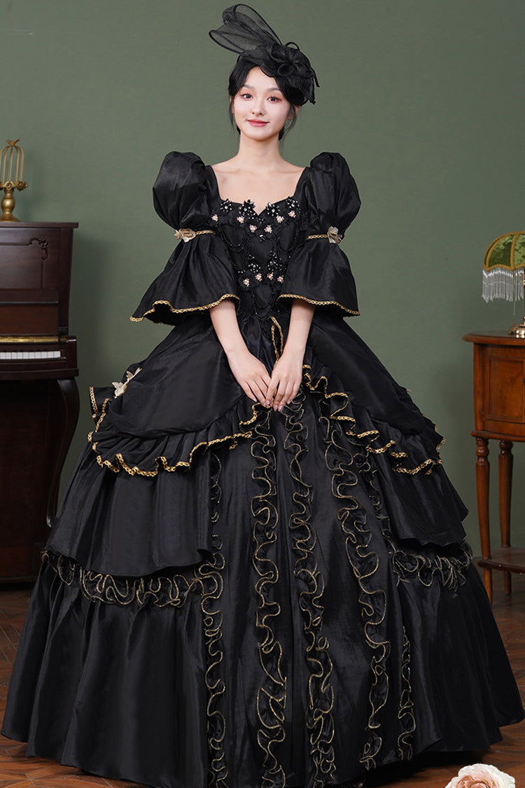 Black Square Collar Half Trumpet Sleeves Double-Layered Ruffled Open-Front Gothic Vintage Palace Lolita Victorian Dress