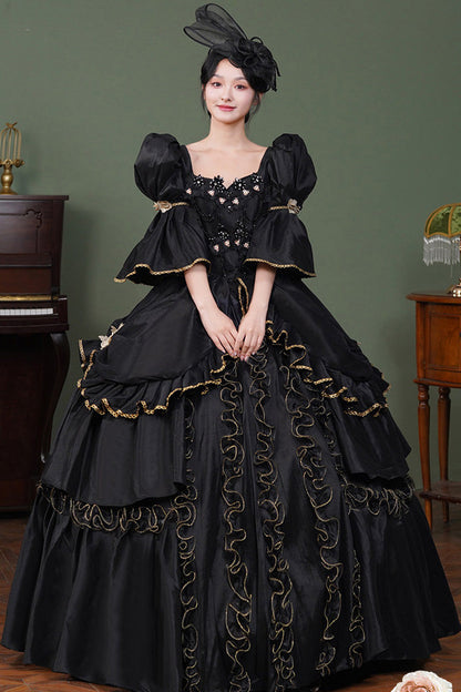 Black Square Collar Half Trumpet Sleeves Double-Layered Ruffled Open-Front Gothic Vintage Palace Lolita Victorian Dress