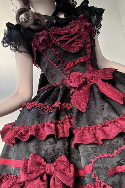 Black/Red [Super Cute Belia] Sleeveless Triple-Layered Ruffle Bowknot Lace Gothic Elegant Lolita Jsk Dress