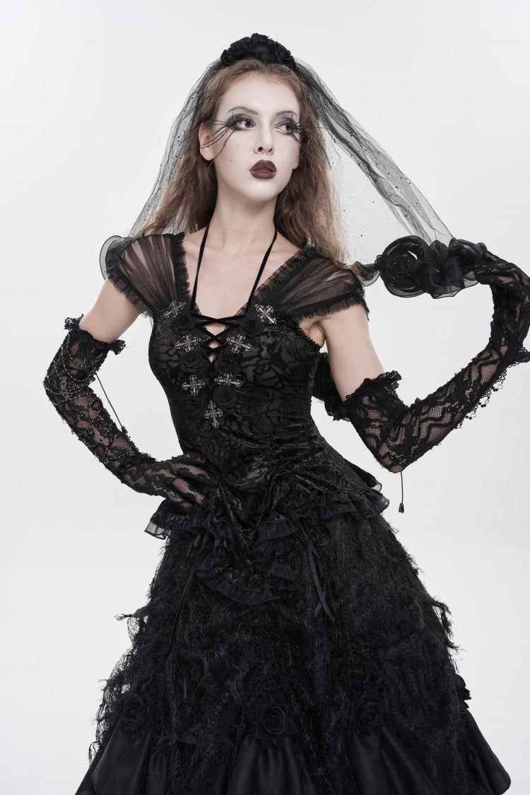 Black V Collar Short Sleeves Embroidered Lace Lace-Up Slim Women's Gothic Top