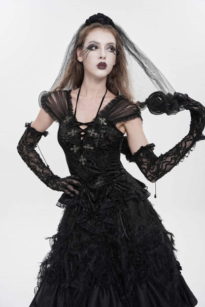 Black V Collar Short Sleeves Embroidered Lace Lace-Up Slim Women's Gothic Top