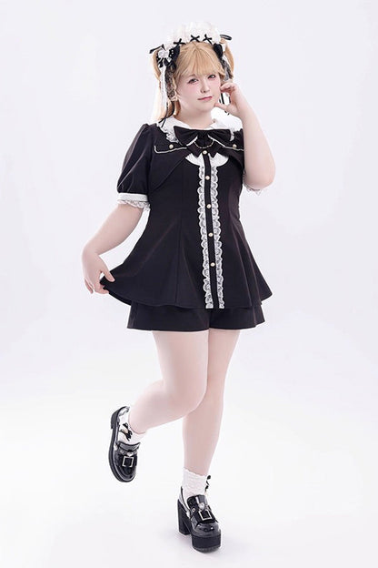 Black Short Sleeves Ruffle Bowknot Fake Two Pieces Jirai Kei Japanese Dress Shorts
