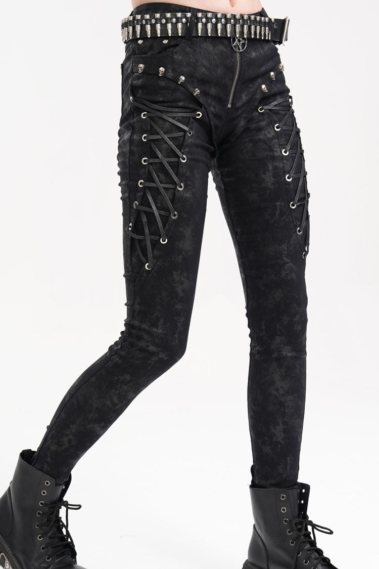 Black Skull Rivets Lace-Up Women's Punk Pants