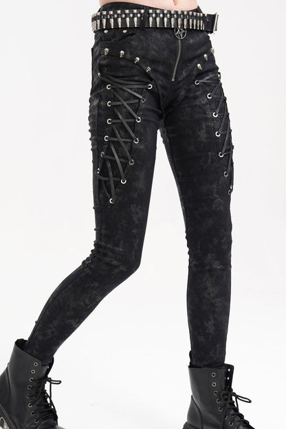 Black Skull Rivets Lace-Up Women's Punk Pants
