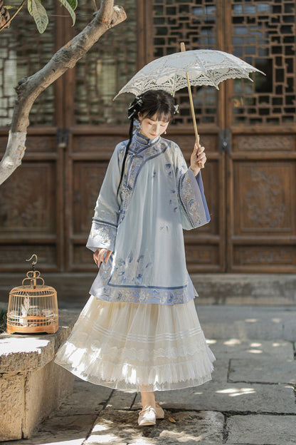 Blue [Flower Room] Stand Collar Long Sleeves High Waisted Printed Embroidered Women's Sweet Classic Hanfu Dress Set