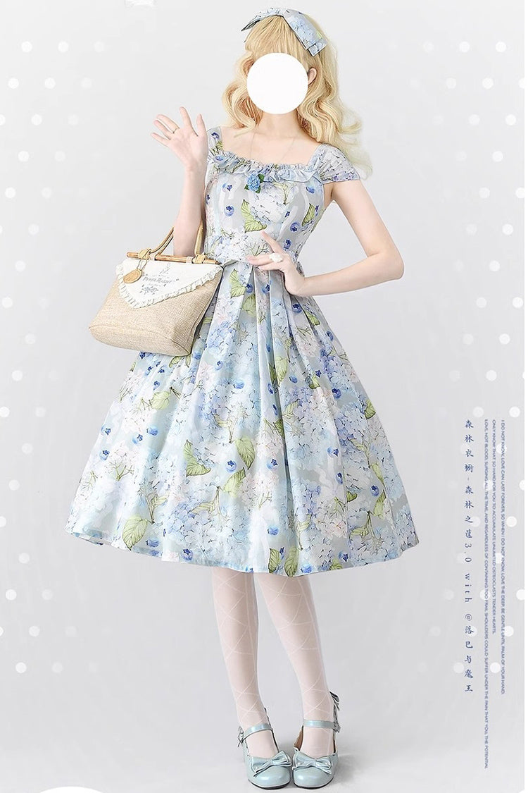 Blue [Forest Basket] Blueberry Hydrangea Print Bowknot Chiffon Sweet Elegant Lolita Jsk Dress