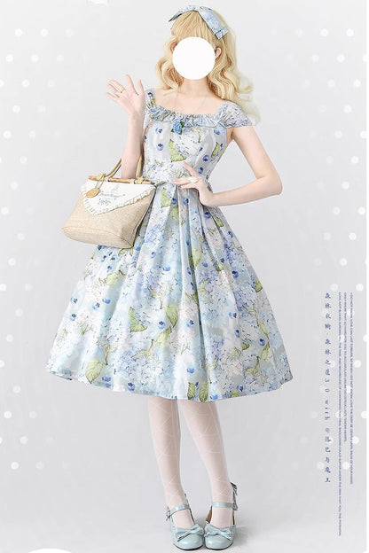 Blue [Forest Basket] Blueberry Hydrangea Print Bowknot Chiffon Sweet Elegant Lolita Jsk Dress