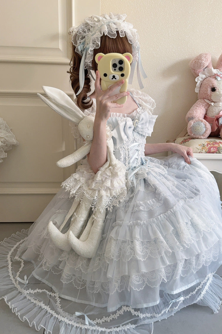 Blue [Eternal Vow] Sleeveless Multi-Layered Ruffle Hanayome Bowknot Lace Lace-Up Sweet Lolita Jsk Dress
