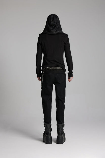 Black V Collar Long Sleeves Hooded Overlaping Mesh Men's Punk T-Shirt