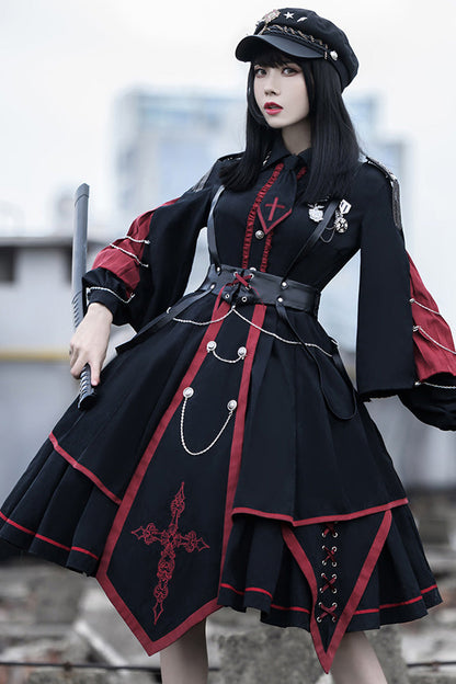 Black/Red Long Sleeves Punisher Military Irregular Gothic Lolita Dress Full Set