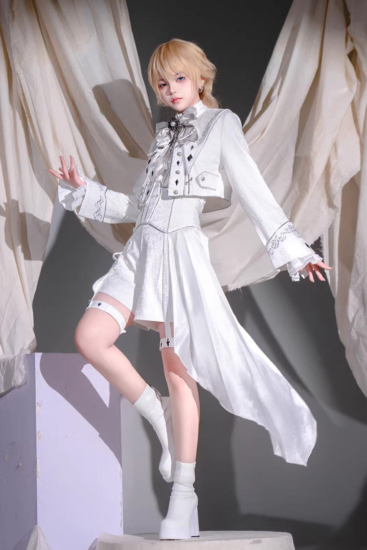 White [Silver-White Sacred Pact] Bow Asymmetric Gothic Prince Palace Ouji Lolita Shorts Coat Four-Piece Set