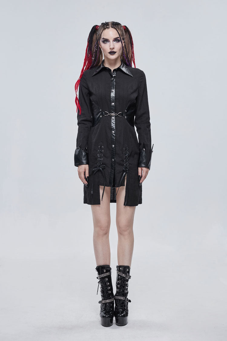 Black Vertical Suture Texture Leather Metal Buckle Design Decoration Long Women's Punk Shirt