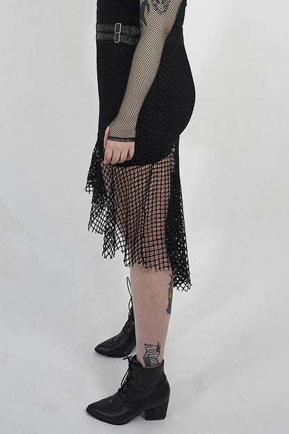 Black Side Leather Clasp Splice Rough Mesh Irregular Hem Plus Size Knit Women's Punk Fishtail Skirt