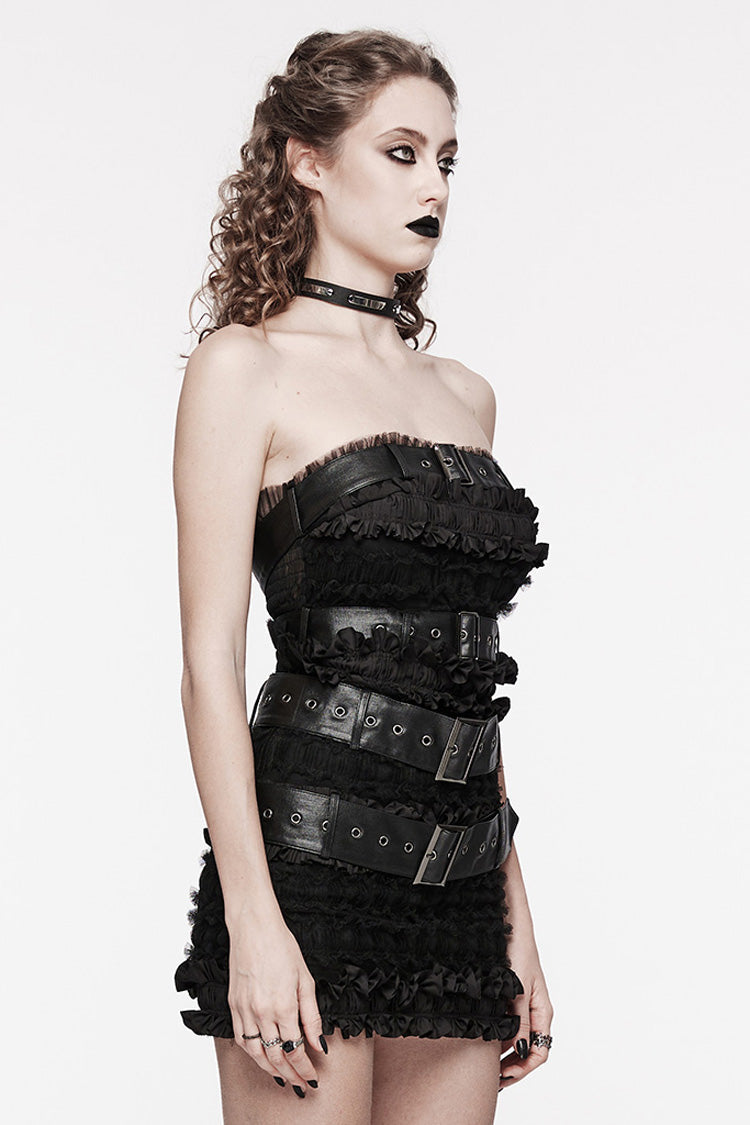 Black Sleeveless Ruffle Ripped Women's Gothic Corset with Belts