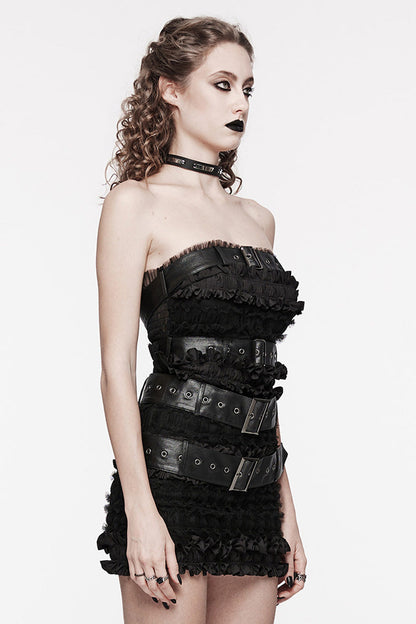 Black Sleeveless Ruffle Ripped Women's Gothic Corset with Belts