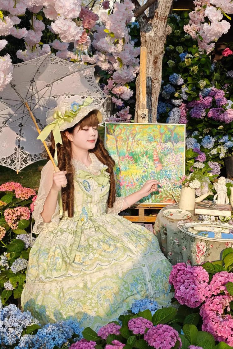Ivory/Green [Lily of the Valley Perfume] Pearl Candy Tea Doll Collar Sleeveless Printed Lace Plus Size Sweet Lolita Jsk Dress