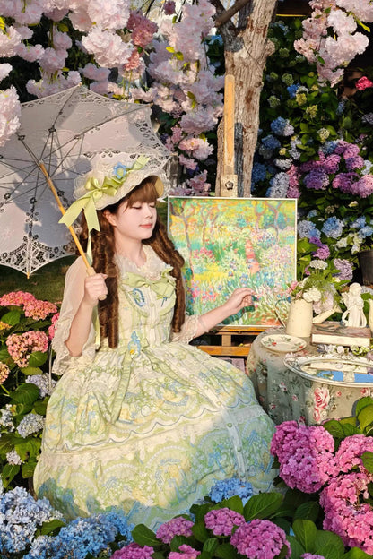 Ivory/Green [Lily of the Valley Perfume] Pearl Candy Tea Doll Collar Sleeveless Printed Lace Plus Size Sweet Lolita Jsk Dress