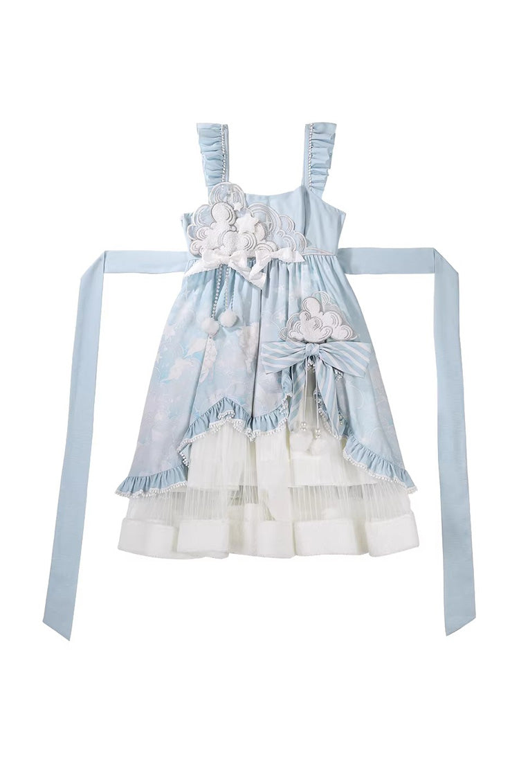 Blue [Cloud Dreamland] Cut-Out Embroidered Bow Lace Asymmetric Sweet Elegant Lolita Jsk Dress Set