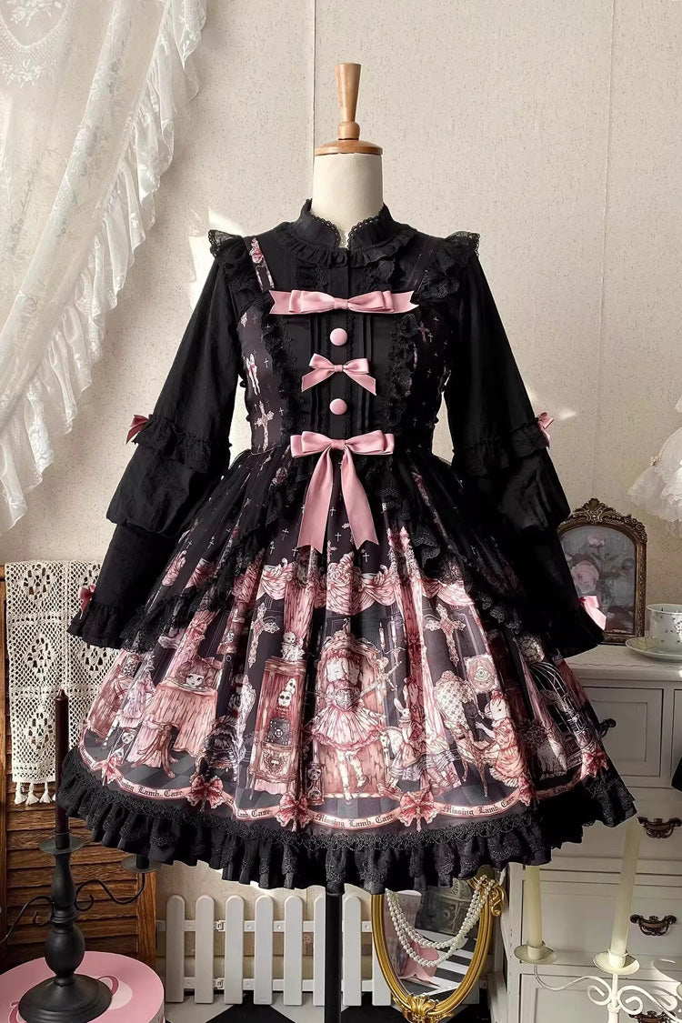 Black [The Case of the Missing Lamb] Print Ruffle Bowknot Lace Gothic Lolita Jsk Dress