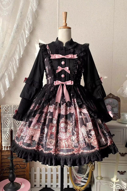 Black [The Case of the Missing Lamb] Print Ruffle Bowknot Lace Gothic Lolita Jsk Dress