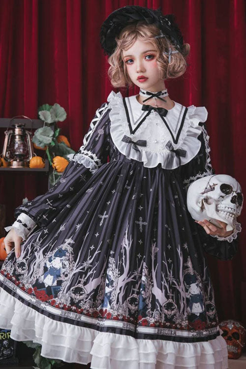 Black Rabbit'S Requiem Round Collar Long Sleeves College Style Gothic Lolita OP Dress