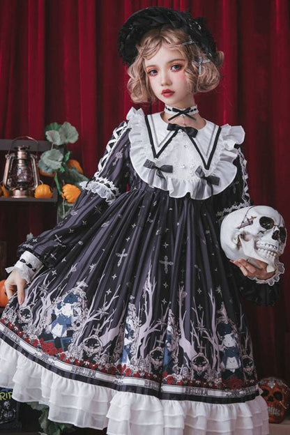 Black Rabbit'S Requiem Round Collar Long Sleeves College Style Gothic Lolita OP Dress