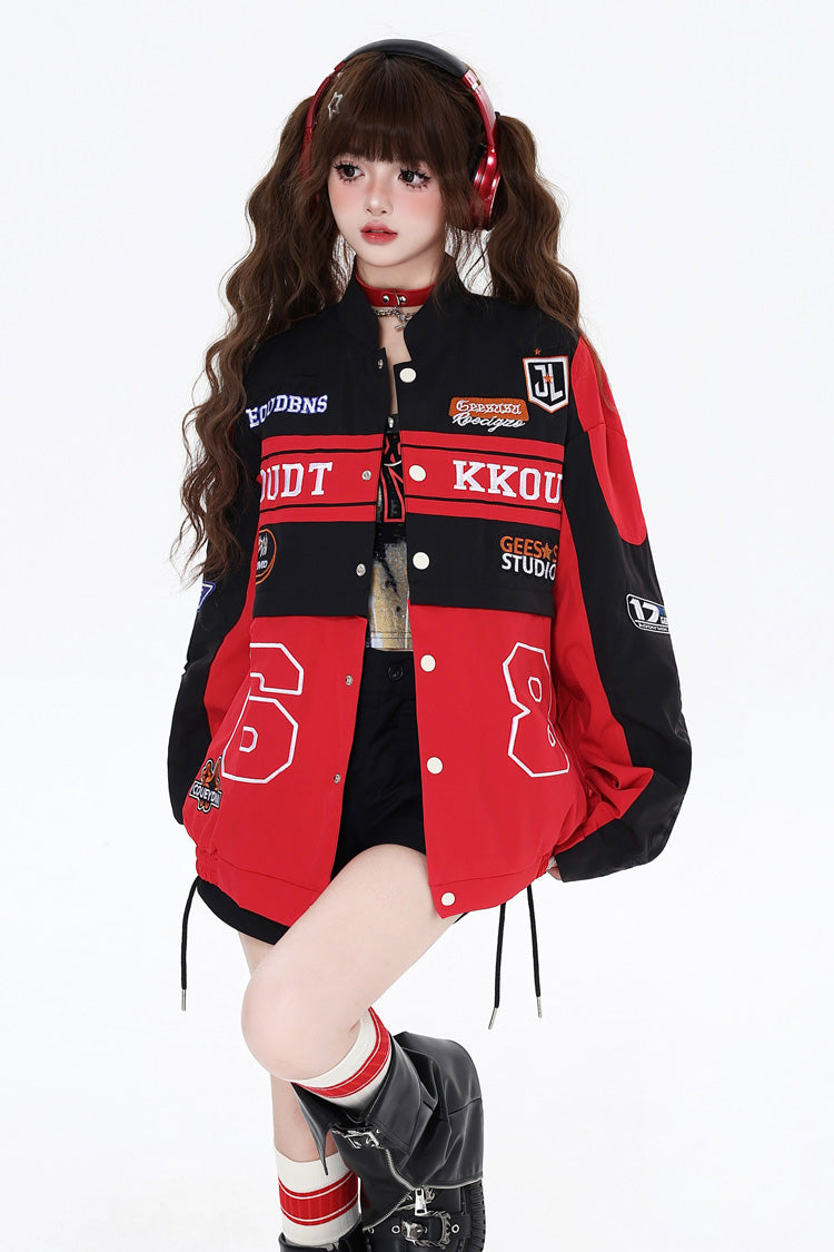 [Biker Girl] Long Sleeves Print Embroidery Zipper Detachable Jirai Kei Coat 3 Colors